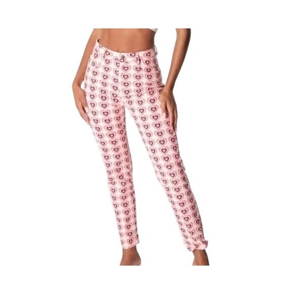 Edikted Pink Heart Print y2k High Waist Straight Leg Jeans - Picture 1 of 7